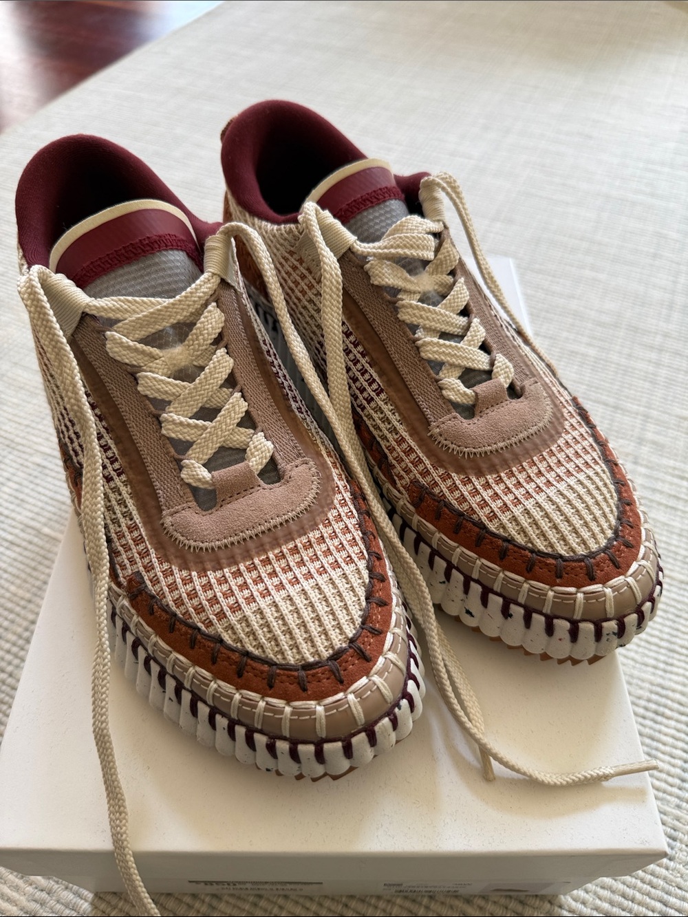 Chloe Woven Knit Sneakers in Beige, Brown and Burgundy